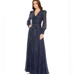 Mac Duggal Navy Blue Long Sleeve Sequin Evening Gown